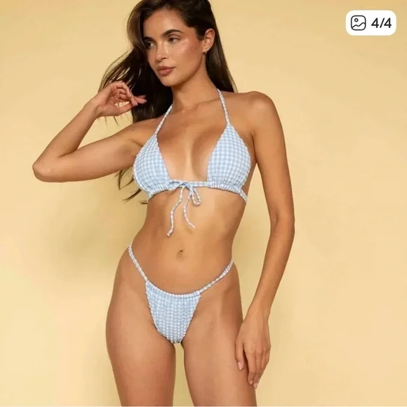 Montce Peri Micro Gingham Uno Ruffle Bows Bikini Bottom - Picture 4 of 10